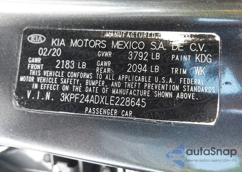 2020 Kia Forte Lxs from USA, damaged, VIN 3KPF24ADXLE228645